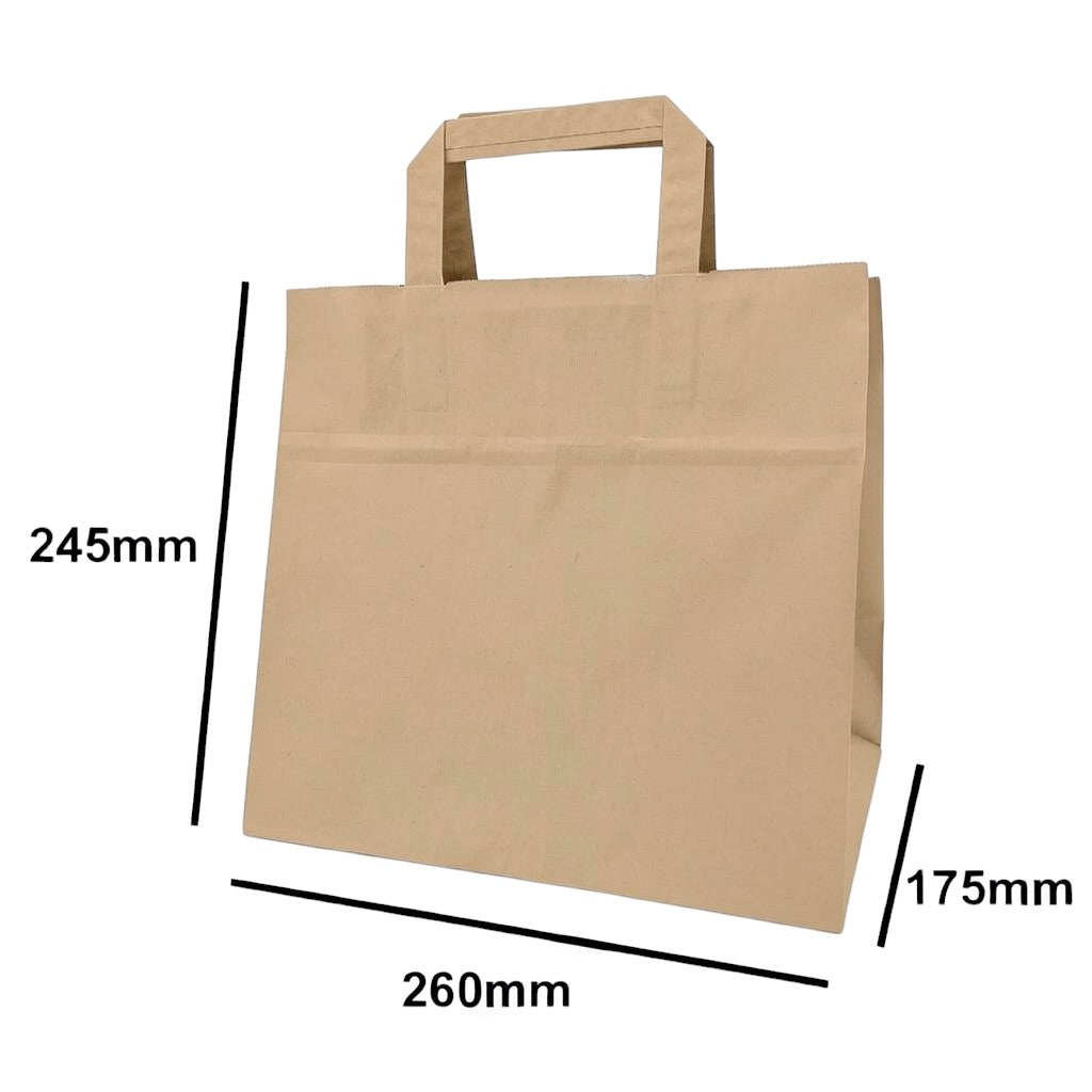 Food Packaging Direct brown kraft paper SOS carrier bag with flat base and paper handles, showing dimensions.