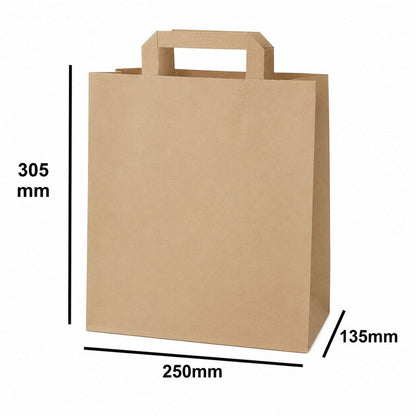Food Packaging Direct brown kraft paper SOS carrier bag with flat base and paper handles showing dimensions