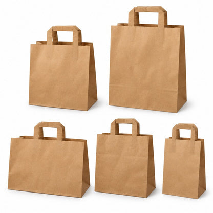 Food Packaging Direct brown kraft paper SOS carrier bags in five different sizes with durable flat paper handles.