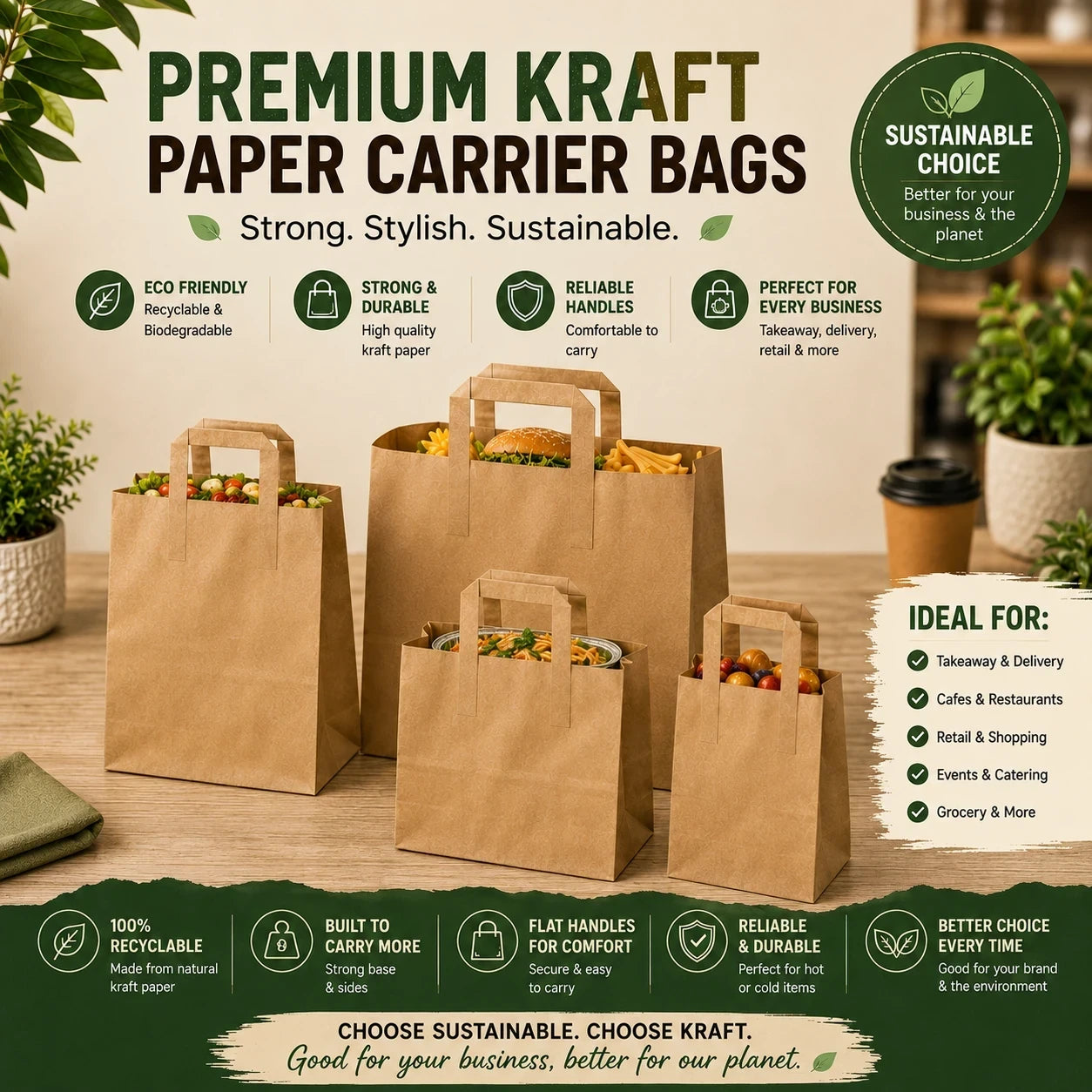 Food Packaging Direct brown kraft paper carrier bags in various sizes with flat handles, filled with food items.