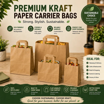 Food Packaging Direct brown kraft paper carrier bags in various sizes with flat handles, filled with food items.