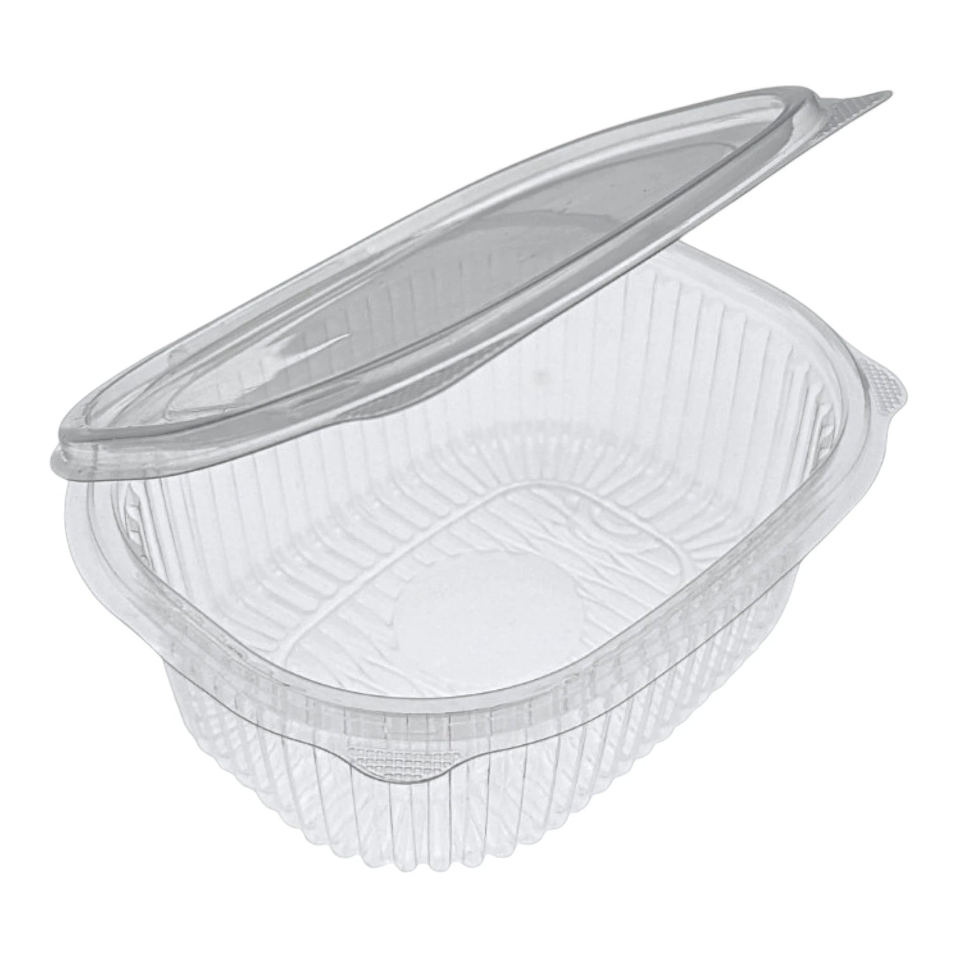 Food Packaging Direct clear plastic hinged container with a ribbed design for food display and take-out.
