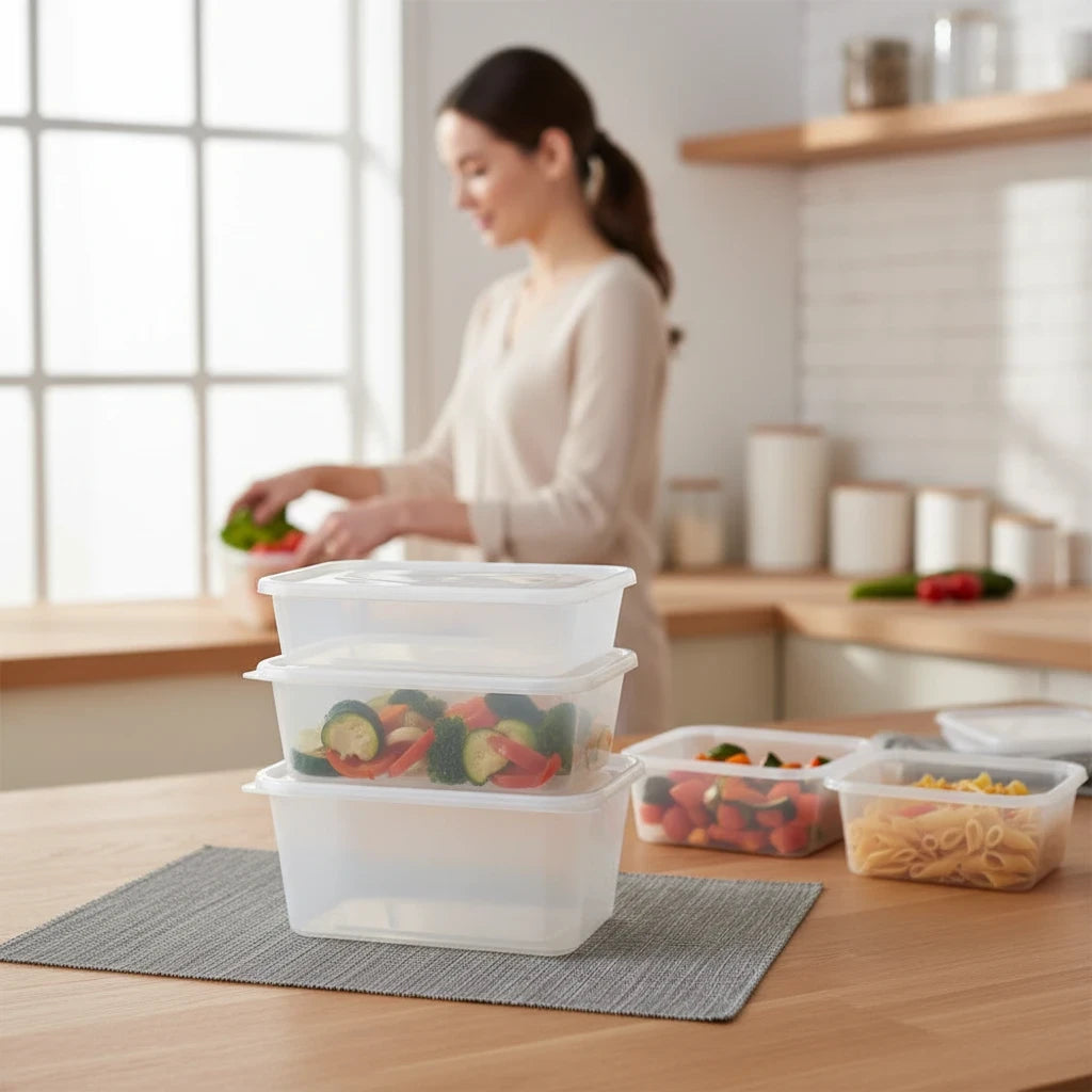 Food Packaging Direct heavy duty clear plastic food containers with lids stacked on a wooden kitchen table