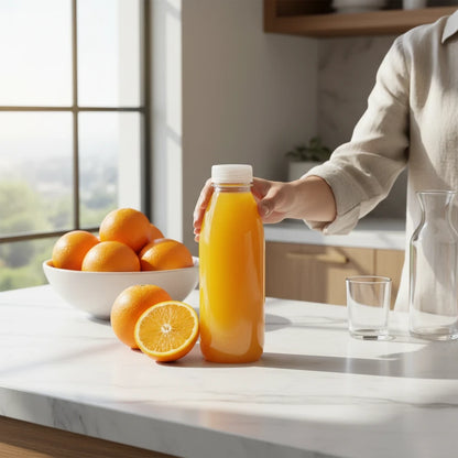 Food Packaging Direct 500ml clear PET plastic bottle filled with orange juice on a kitchen counter with fresh oranges
