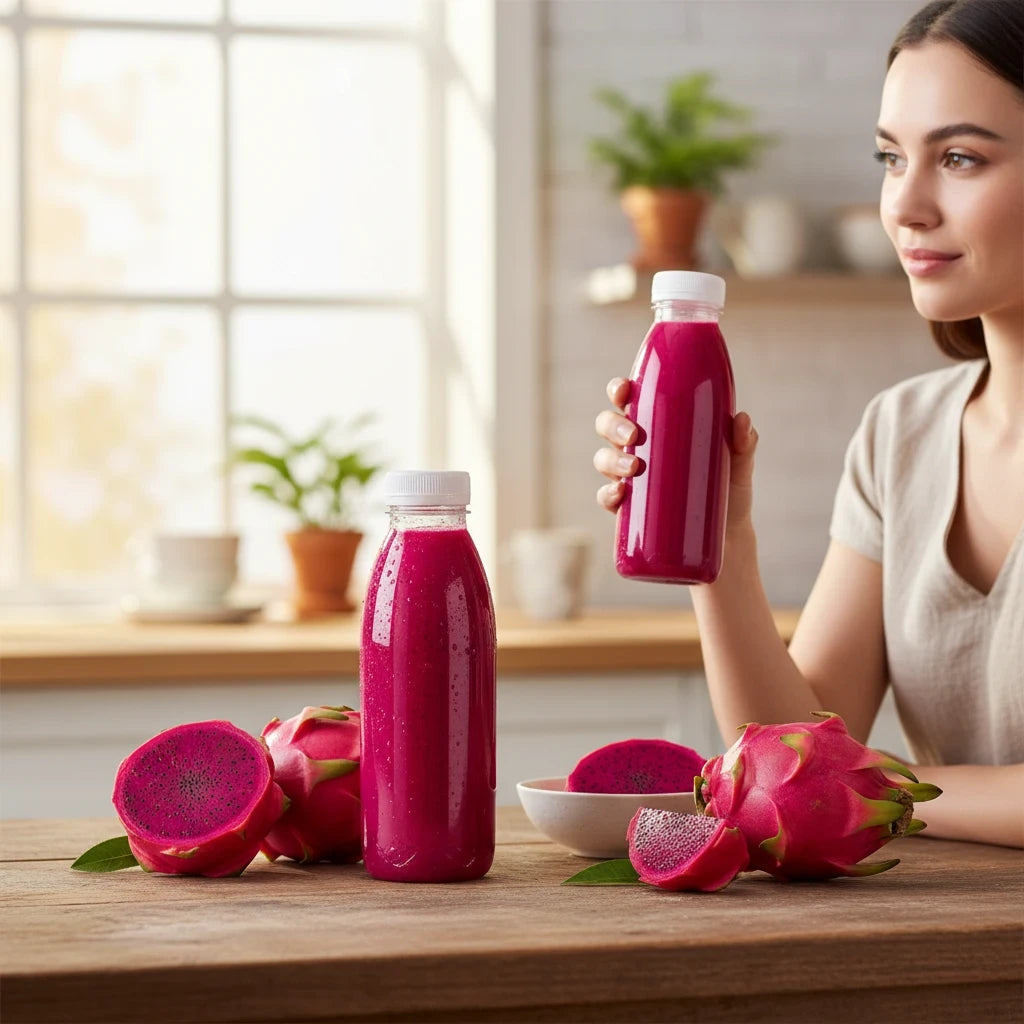 Food Packaging Direct 330ml clear plastic bottles filled with pink dragon fruit juice held by a woman in a kitchen