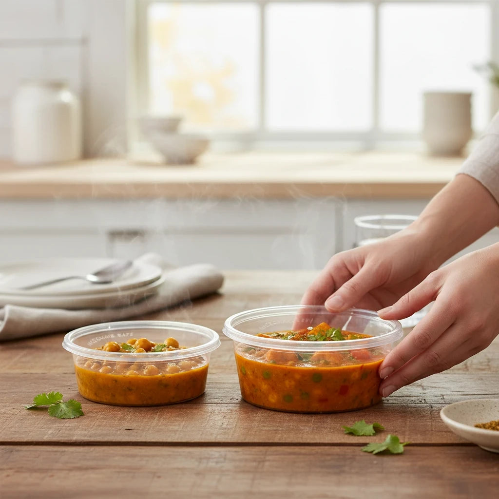 Food Packaging Direct clear plastic round containers with lids holding hot curry on a wooden table in a kitchen