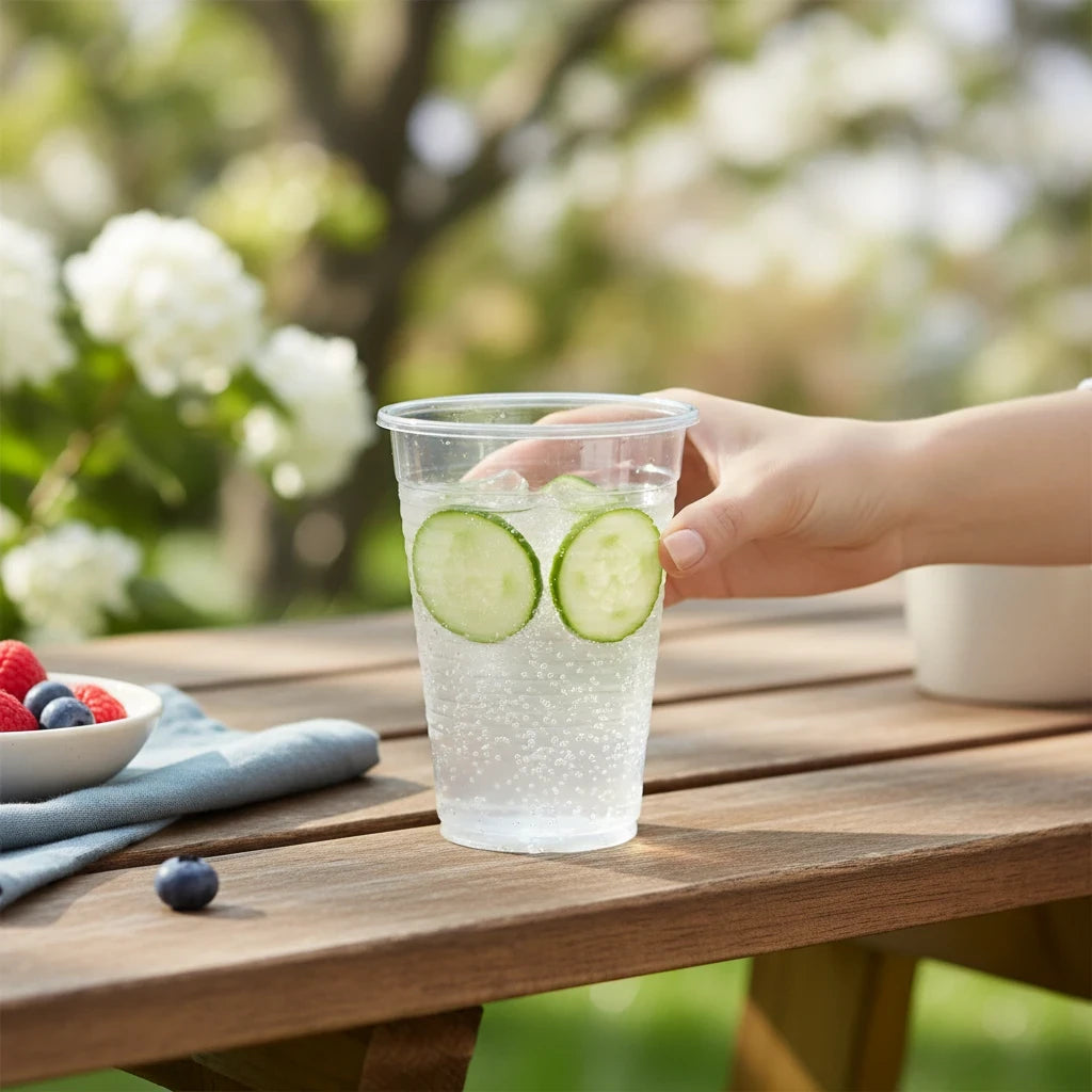 Food Packaging Direct 7oz clear plastic cup filled with sparkling water and cucumber slices held on a wooden table