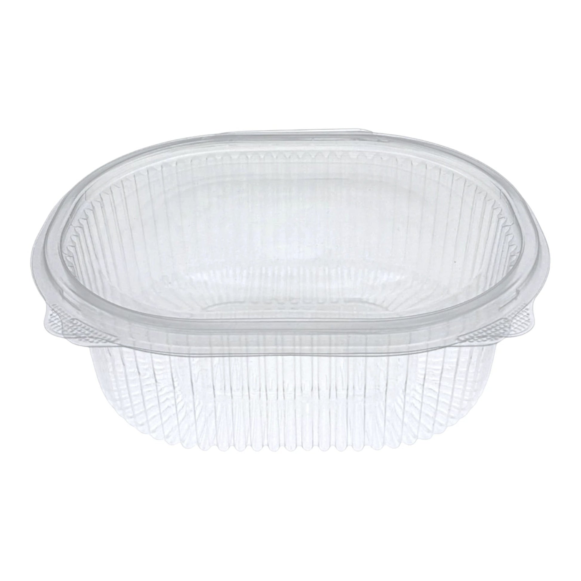 Food Packaging Direct clear plastic hinged container with a durable ribbed design for food display and takeaway.