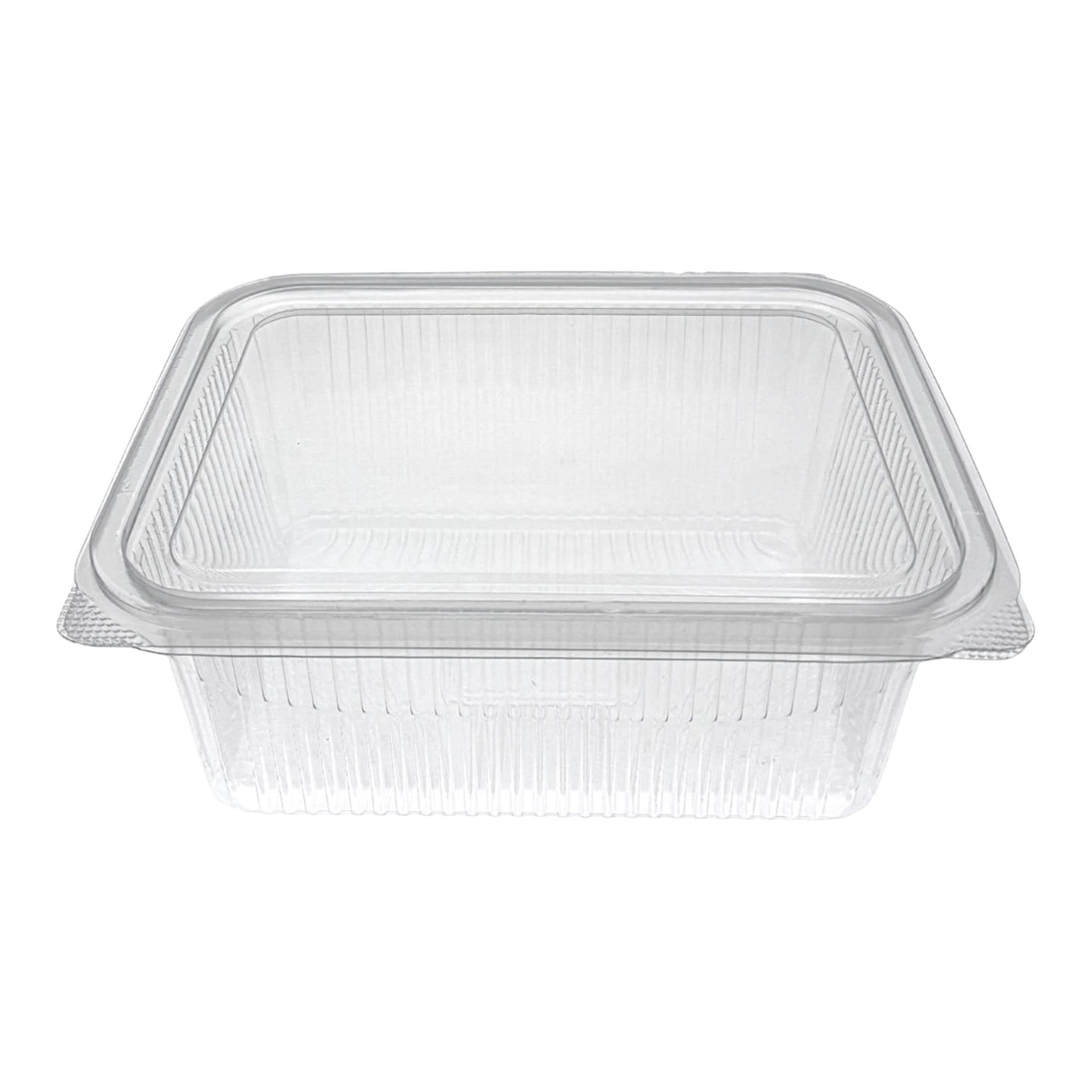 Food Packaging Direct clear rectangular hinged plastic container with a ribbed design for food display and takeaway.