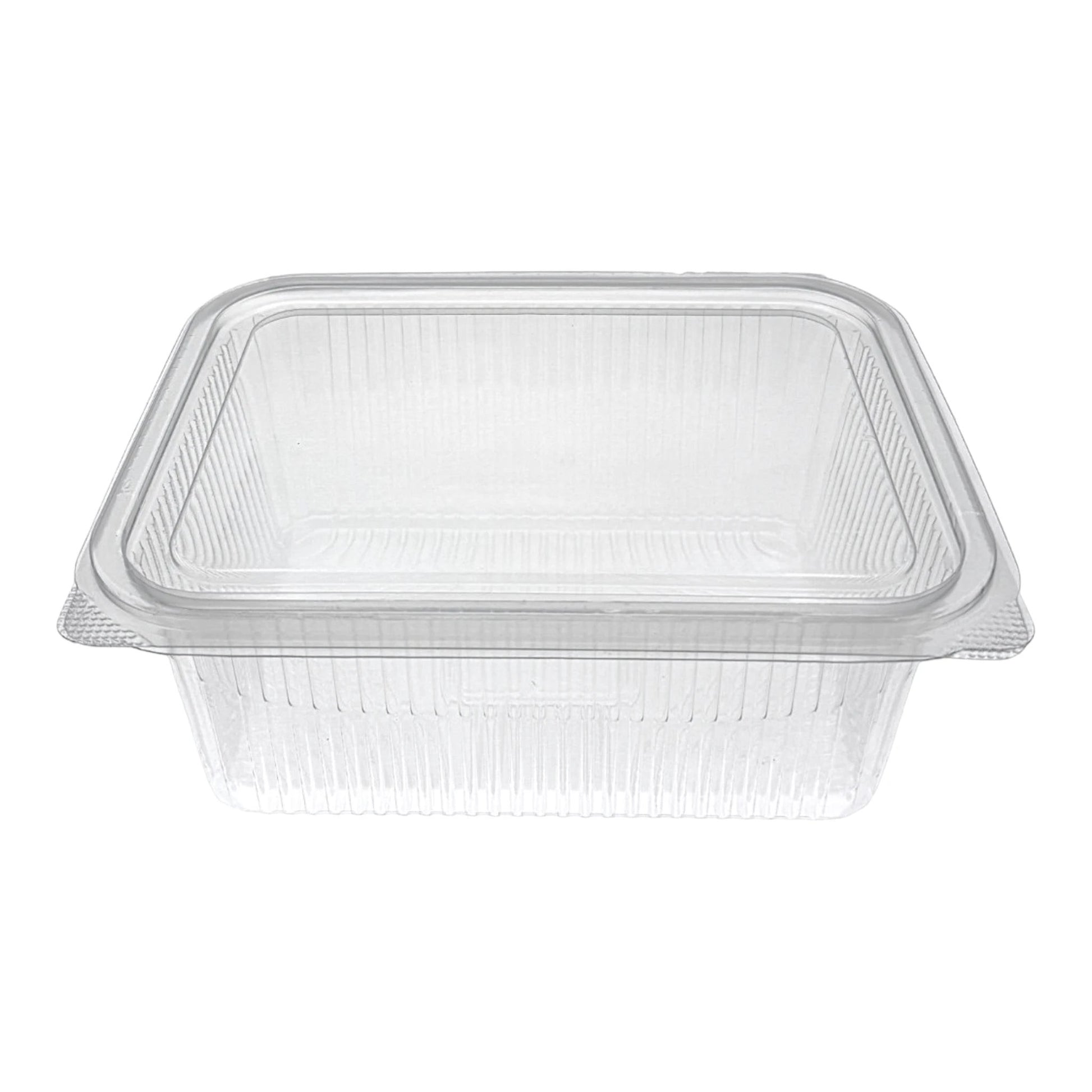 Food Packaging Direct clear rectangular hinged plastic container with a ribbed design for food display and takeaway.