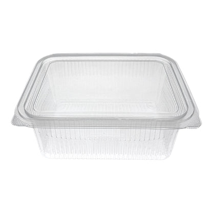 Food Packaging Direct clear rectangular hinged plastic container with a ribbed design for food display and takeaway.