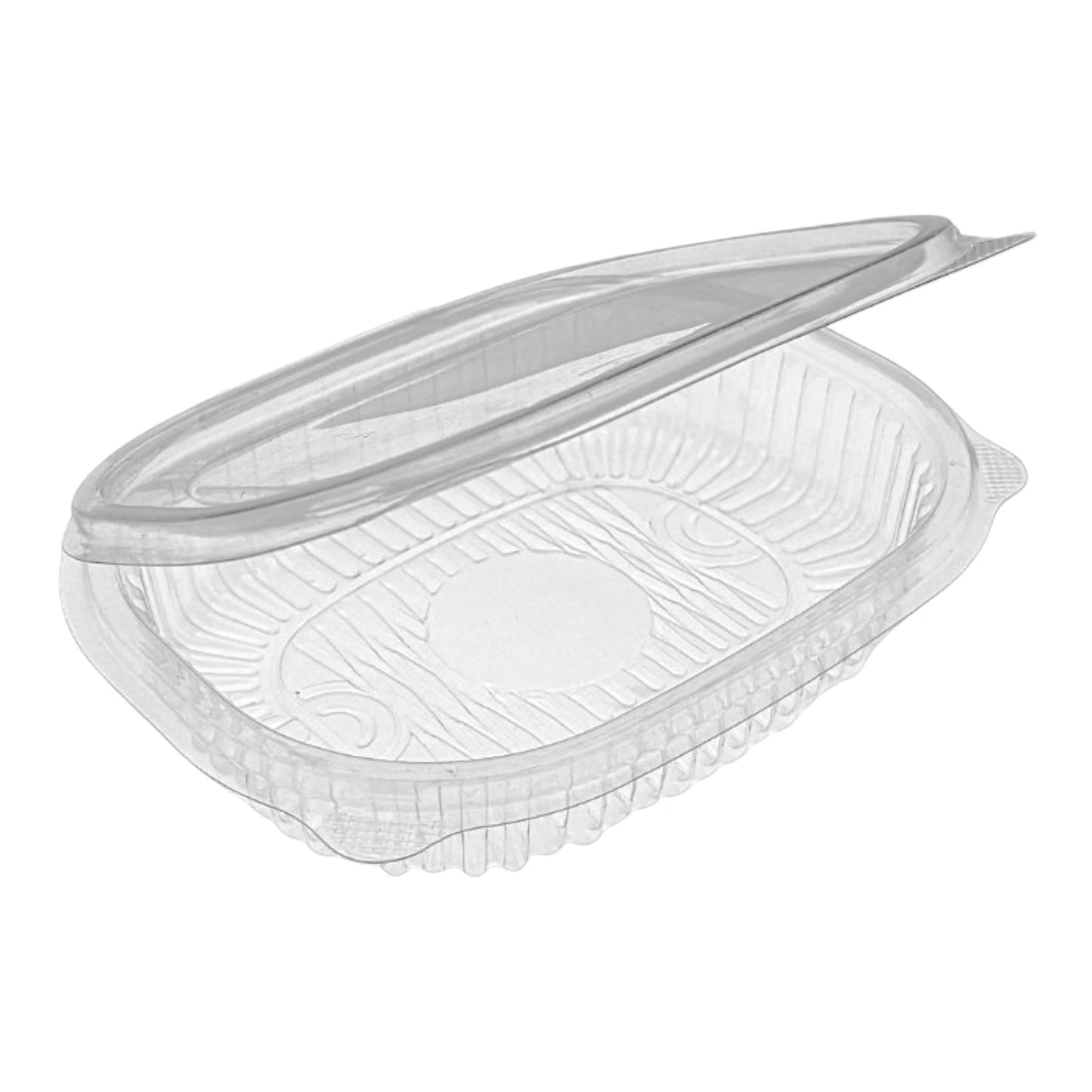 Rhino clear plastic hinged container with a ribbed design for food display and take-out