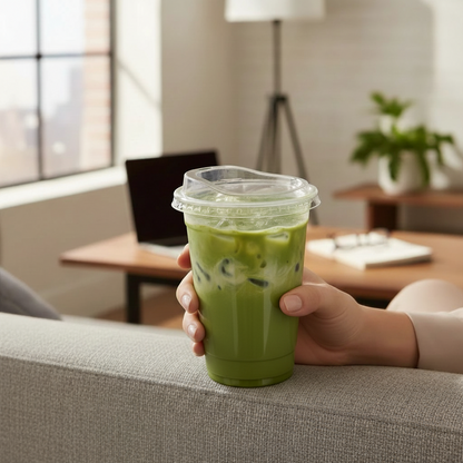 Food Packaging Direct clear plastic lid on a smoothie cup filled with iced matcha latte held by a hand