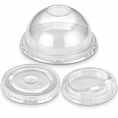 Food Packaging Direct clear PET plastic lids for smoothie cups, including dome and flat styles for cold drinks.