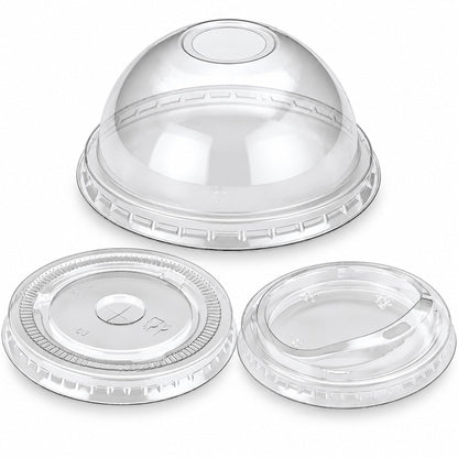 Food Packaging Direct clear PET plastic lids for smoothie cups, including dome and flat styles for cold drinks.