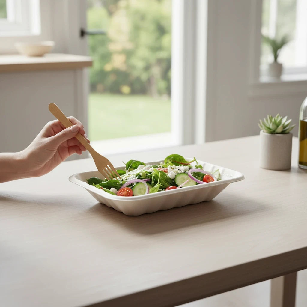 Food Packaging Direct compostable bagasse tray holding a fresh salad with a wooden fork on a wooden table.