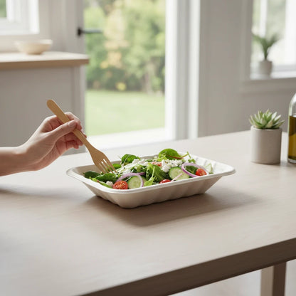 Food Packaging Direct compostable bagasse tray holding a fresh salad with a wooden fork on a wooden table.