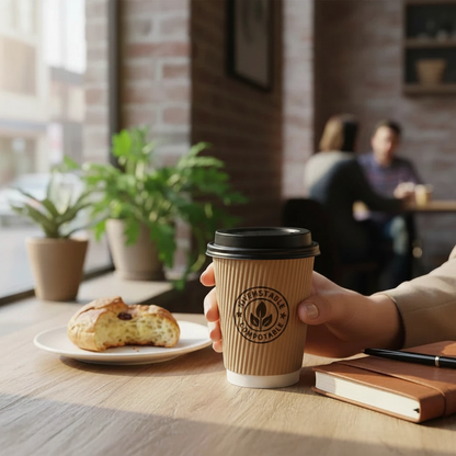 Food Packaging Direct compostable black sip-thru lid on a ripple paper coffee cup held in a cafe setting