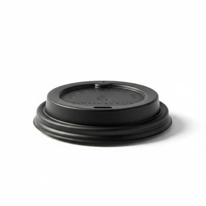 Food Packaging Direct compostable black sip-thru lid for hot takeaway coffee cups on a white background