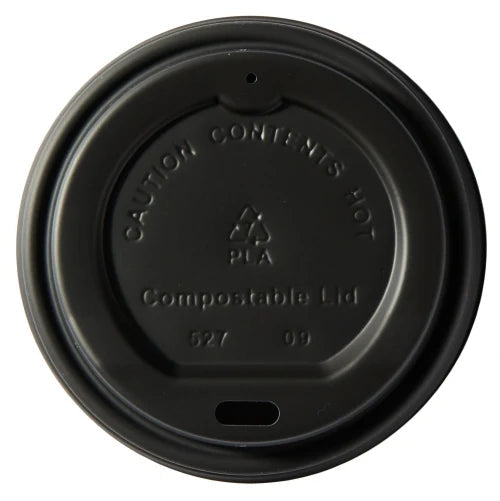 Food Packaging Direct compostable black sip-thru lid for hot coffee cups with embossed caution warning