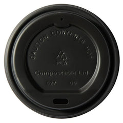 Food Packaging Direct compostable black sip-thru lid for hot coffee cups with embossed caution warning