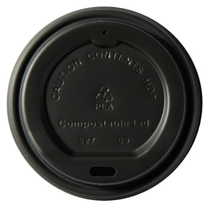 Food Packaging Direct compostable black sip-thru lid for hot coffee cups with embossed caution warning