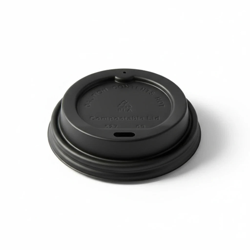 Food Packaging Direct compostable black sip-thru lid for hot takeaway coffee cups on a white background.