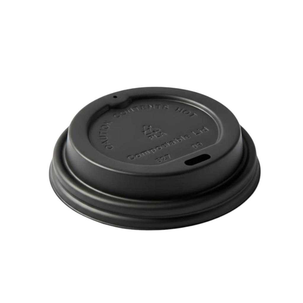 Food Packaging Direct compostable black sip-thru lid for hot coffee cups with embossed caution warning