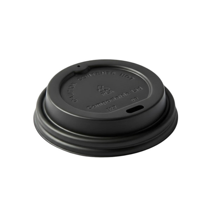 Food Packaging Direct compostable black sip-thru lid for hot coffee cups with embossed caution warning