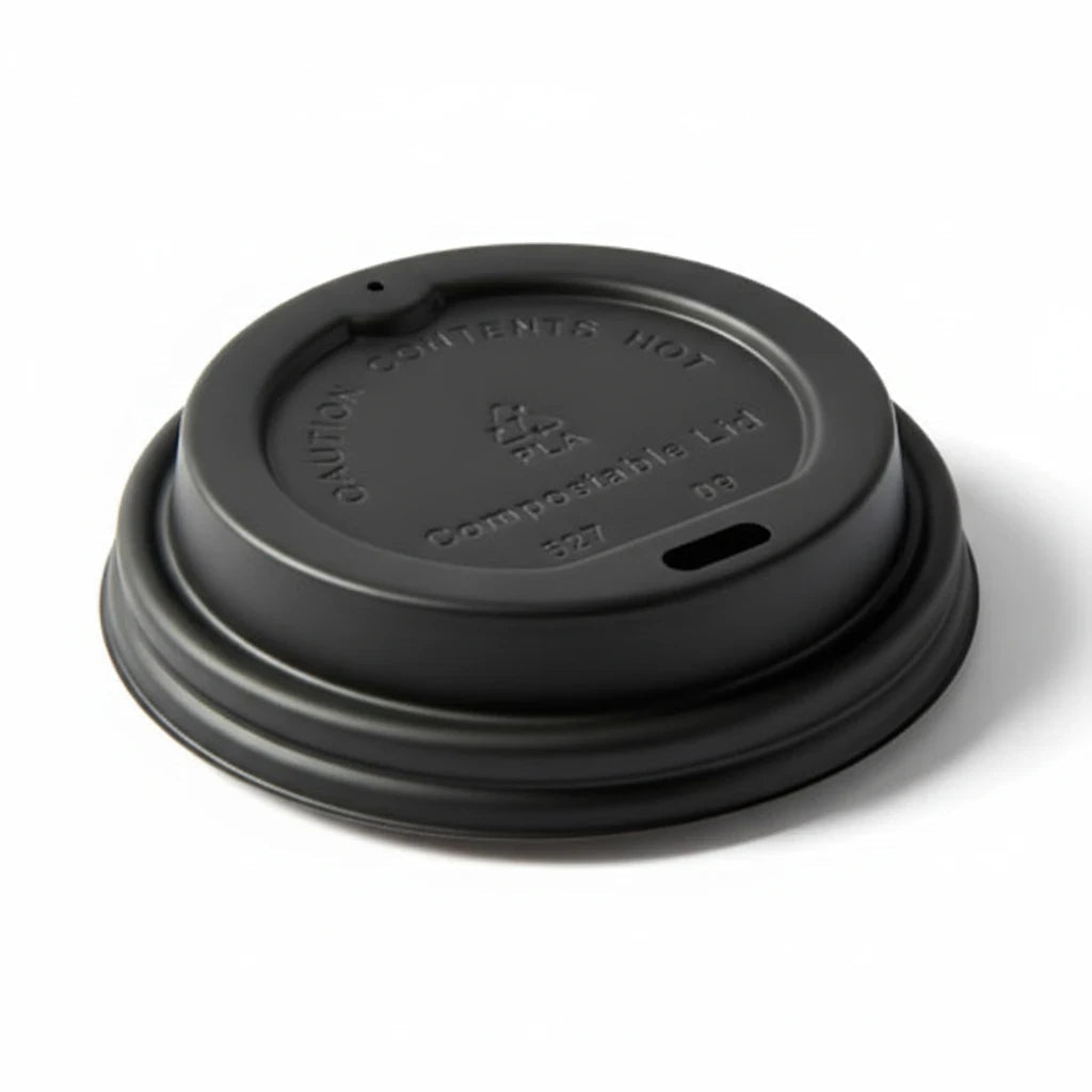 Food Packaging Direct compostable black sip-thru lid for hot coffee cups with embossed warning and recycling text