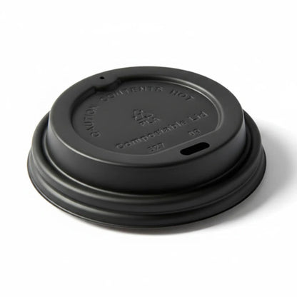Food Packaging Direct compostable black sip-thru lid for hot coffee cups with embossed warning and recycling text