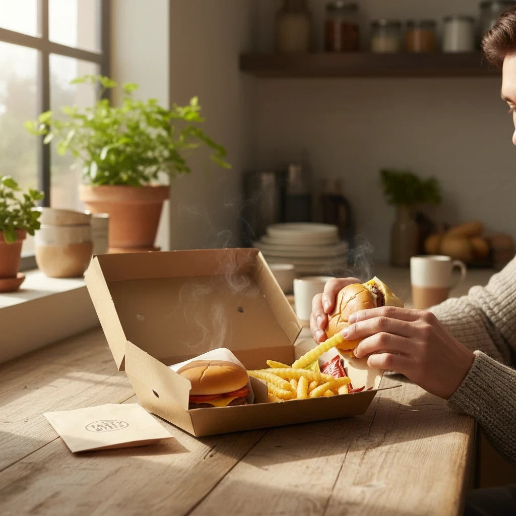 Food Packaging Direct large corrugated cardboard burger box with a fresh burger and fries on a wooden table