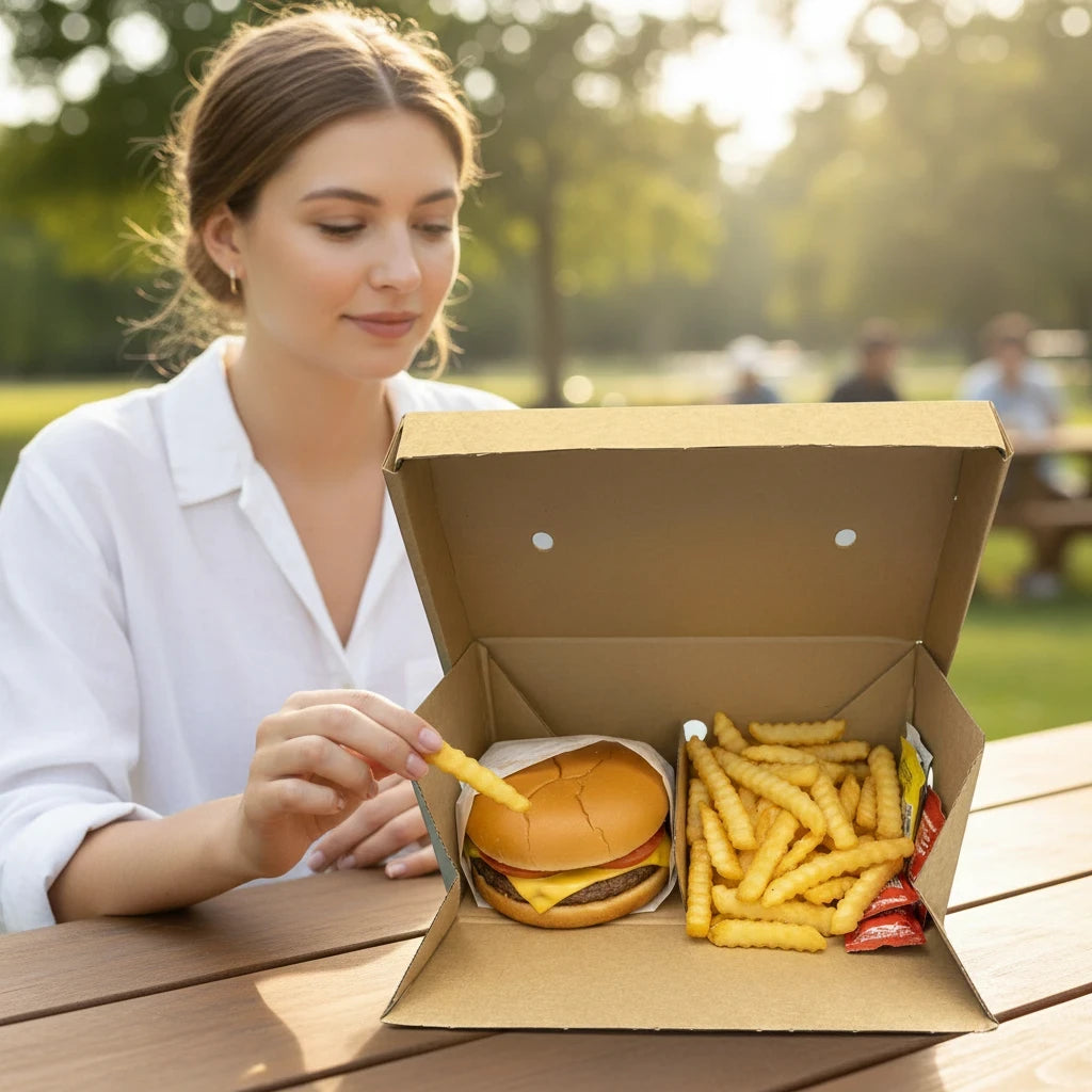 Food Packaging Direct large corrugated cardboard burger box holding a cheeseburger and fries at an outdoor table