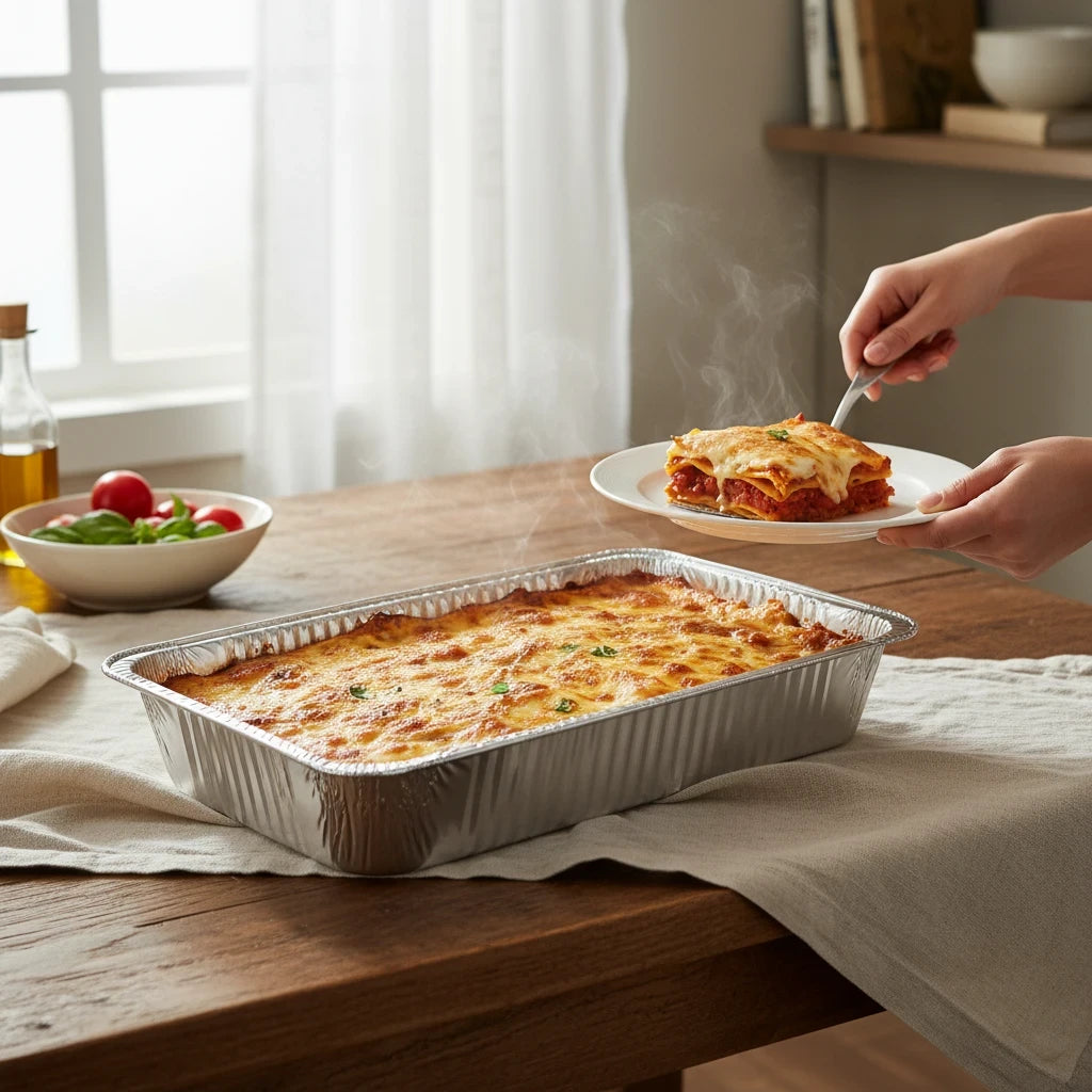 Food Packaging Direct full deep rectangular aluminium foil container filled with steaming hot baked lasagna