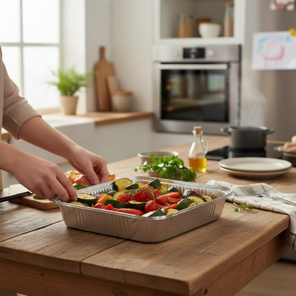 Food Packaging Direct 9x9 inch aluminium foil takeaway container filled with roasted vegetables on a wooden kitchen table