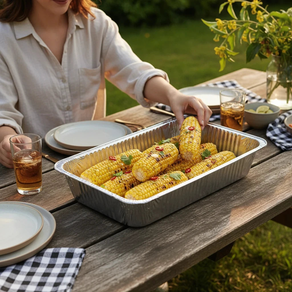 Food Packaging Direct full deep aluminium foil container filled with grilled corn on a rustic outdoor dining table