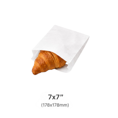 Food Packaging Direct white greaseproof paper bags in three sizes holding a croissant and a sandwich