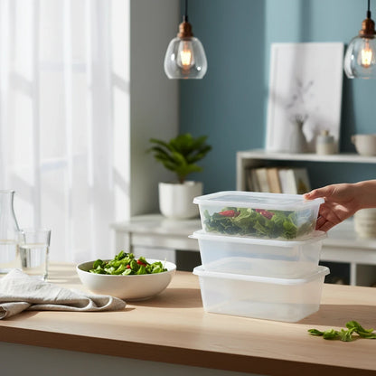 Food Packaging Direct heavy duty clear plastic rectangular food containers with lids stacked on a kitchen counter.