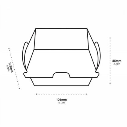 Food Packaging Direct corrugated kraft clamshell burger box with technical dimensions in millimeters and inches