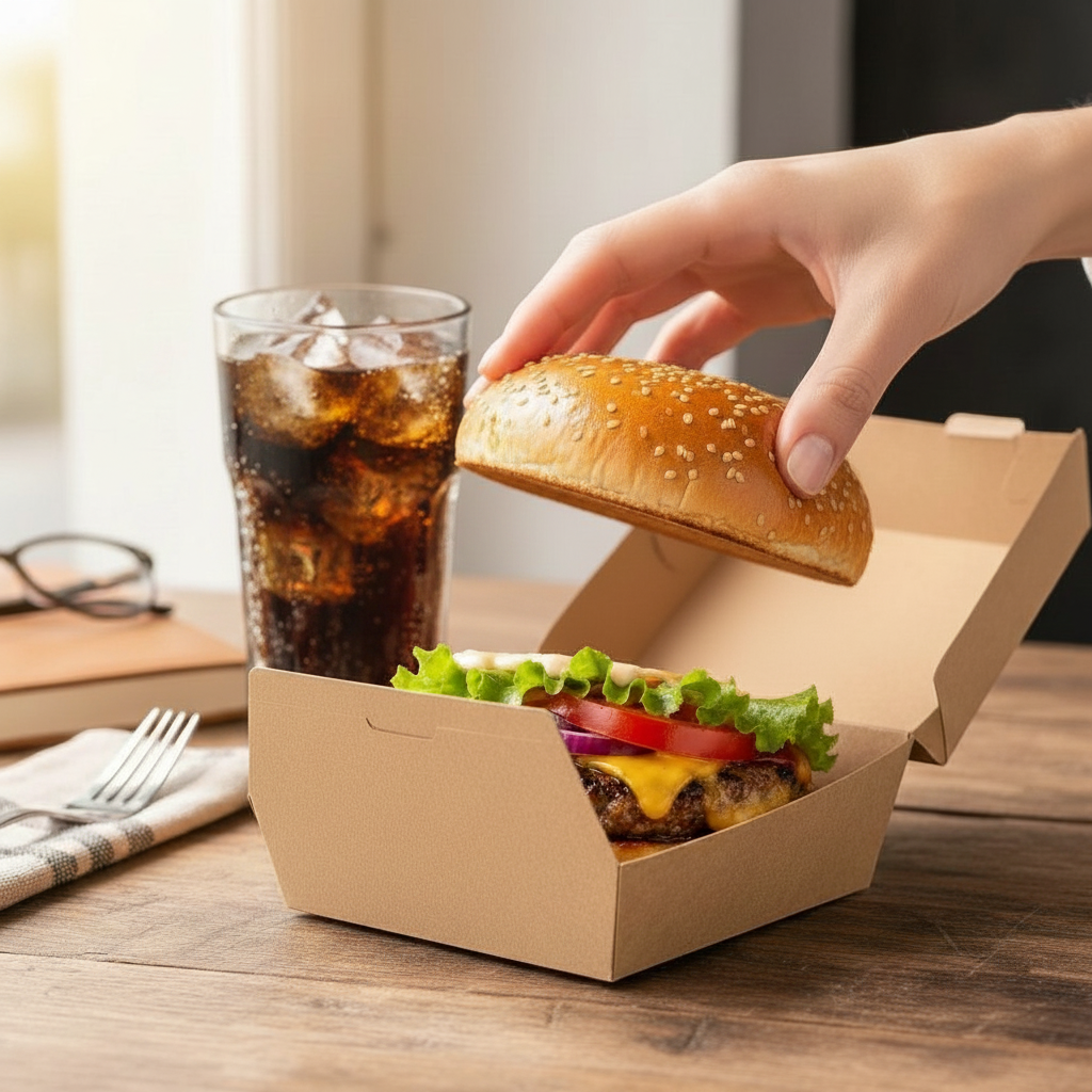 Food Packaging Direct kraft clamshell burger box holding a fresh cheeseburger on a wooden table