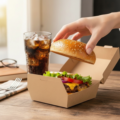 Food Packaging Direct kraft clamshell burger box holding a fresh cheeseburger on a wooden table
