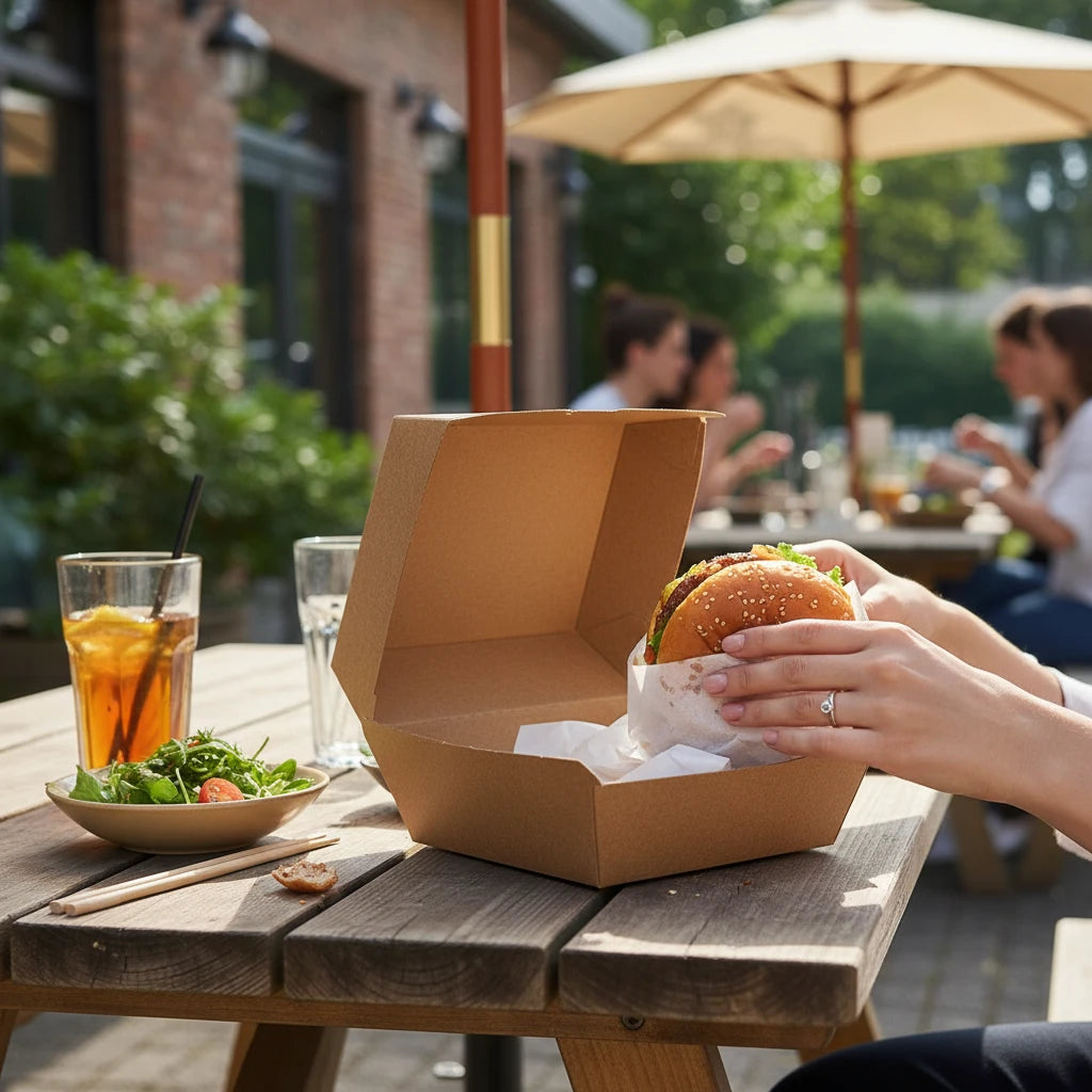 Food Packaging Direct corrugated kraft clamshell burger box on an outdoor wooden table with a burger inside