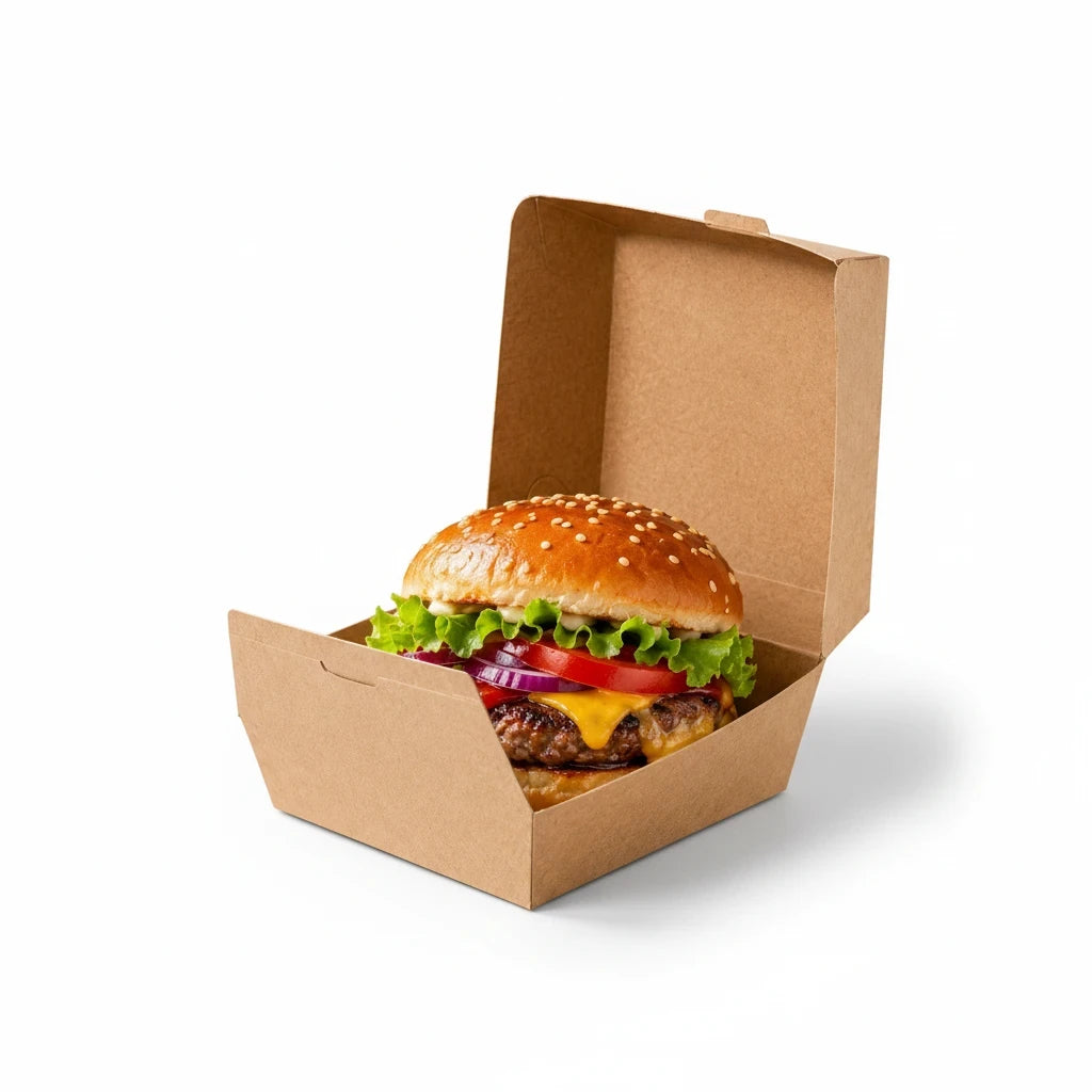 Food Packaging Direct kraft clamshell burger box containing a fresh cheeseburger with lettuce, tomato, and onion.