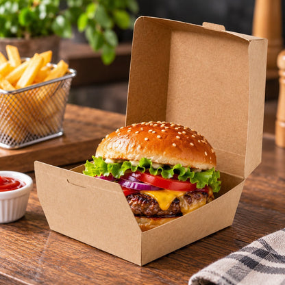Food Packaging Direct kraft clamshell burger box containing a gourmet cheeseburger on a rustic wooden table