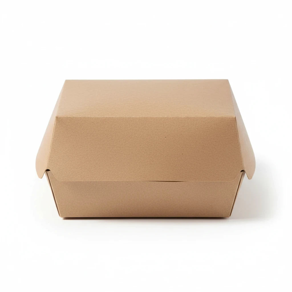 Food Packaging Direct kraft clamshell burger box made from sustainable cardboard for eco-friendly takeaway meals.