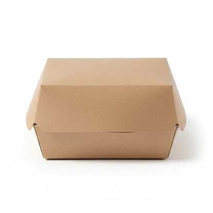 Food Packaging Direct kraft clamshell burger box made from sustainable cardboard for eco-friendly takeaway meals.