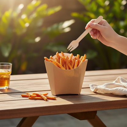 Food Packaging Direct kraft chip scoop filled with sweet potato fries on a wooden table with a wooden fork