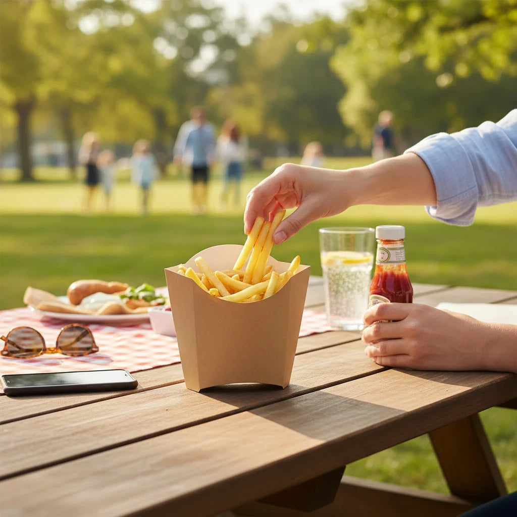 Food Packaging Direct kraft chip scoop filled with golden fries on a wooden picnic table in a park setting