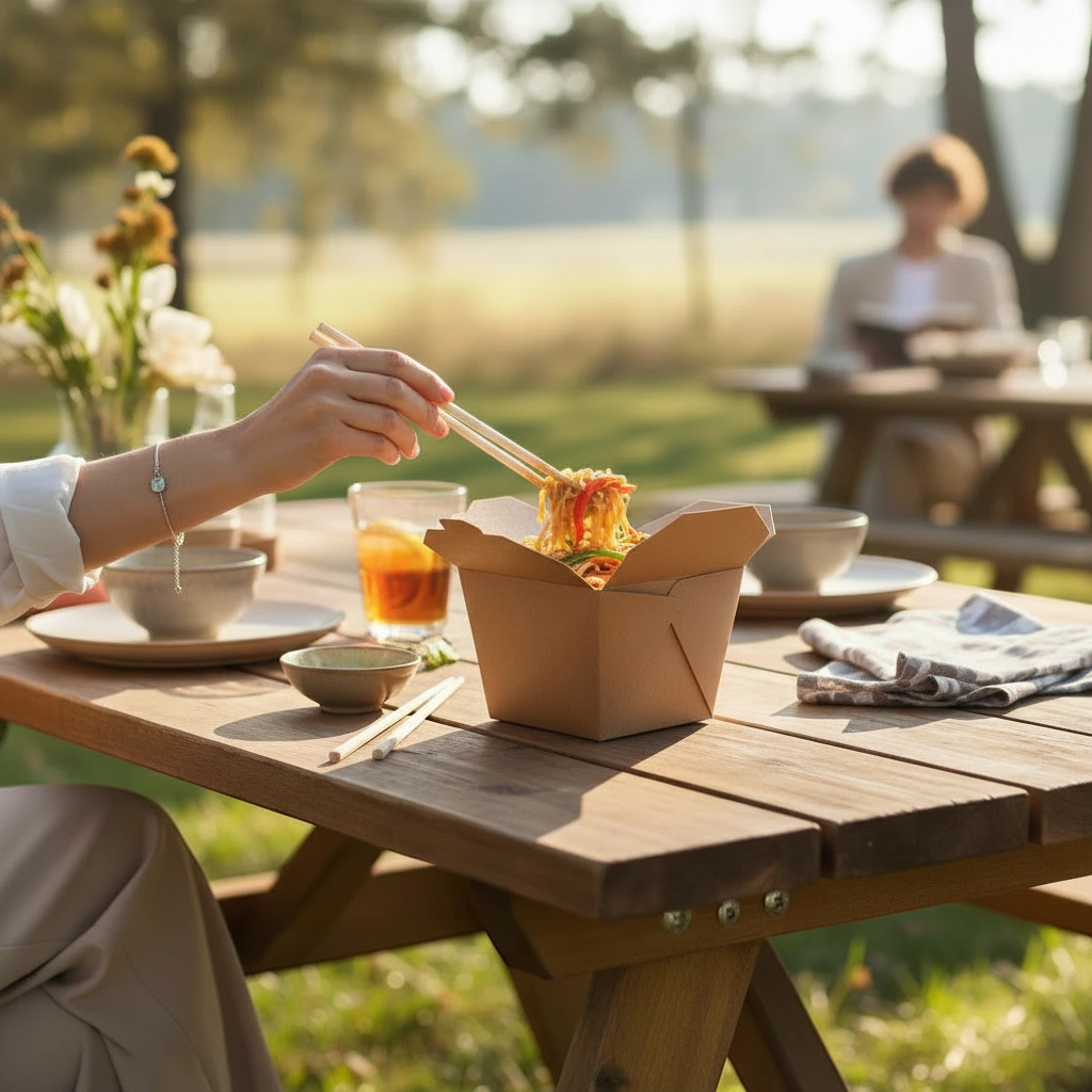 Food Packaging Direct kraft compostable leakproof container filled with noodles on an outdoor picnic table