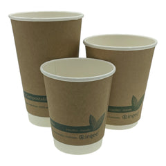 Food Packaging Direct compostable double wall kraft paper cups in three sizes of 8oz, 12oz and 16oz for eco-friendly hot drinks